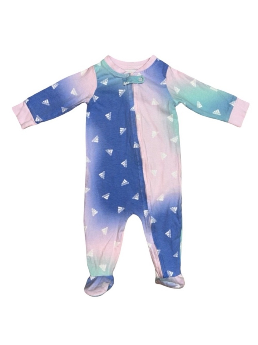 Baby’s One Piece Footie Sleeper Blue & Pink w/fun Adidas Symbol Design Sz 6 Mo